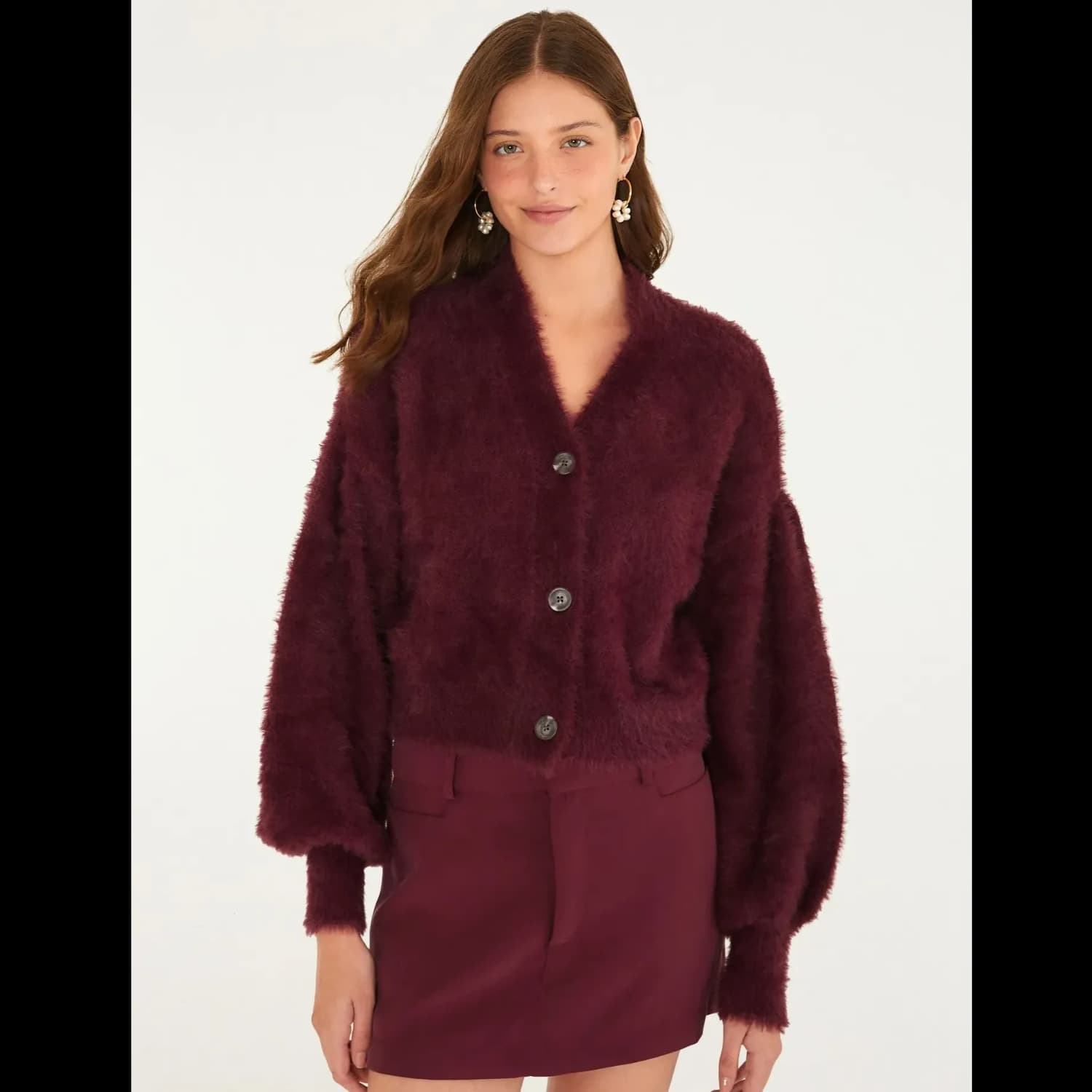 Cardigan Curto Pelinho Merlot Farm