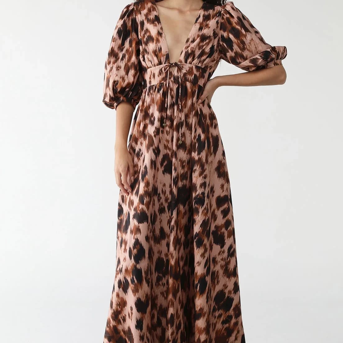 VESTIDO LONGO MANGA RISQUINHO DE ROSA/MARROM FARM