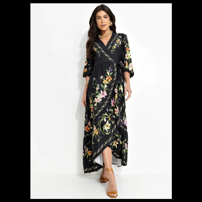 Vestido Longo com Manga Vestida de Flor Preto Farm